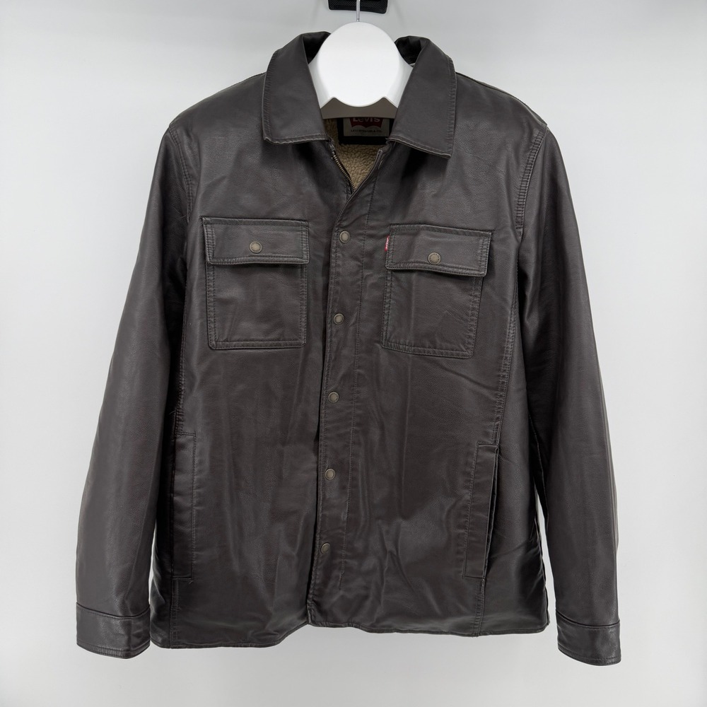 Levis Faux Leather Trucker Jacket Mens XL Brown Sherpa Lined Snap Front Coat